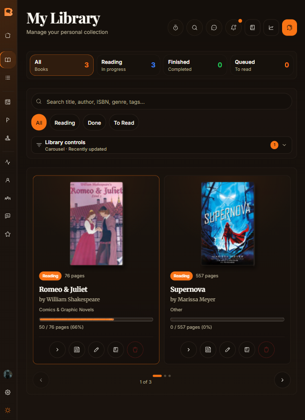 Actual Brack library interface in dark theme, showing book cards and reading progress
