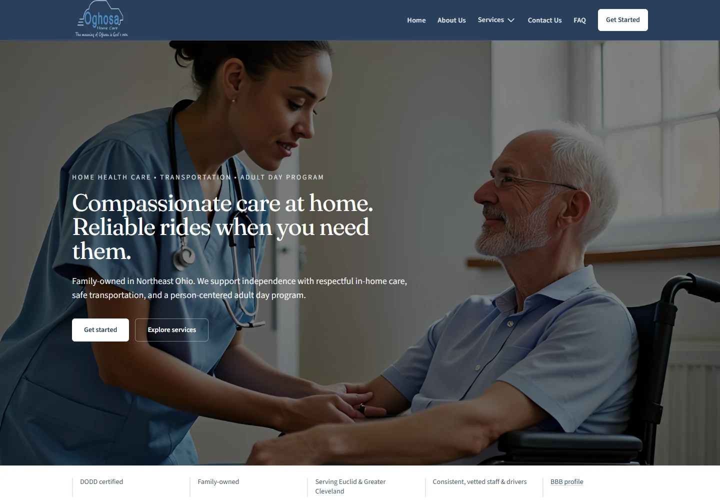 Screenshot of the live Oghosa Homecare website showing its home care hero and navigation
